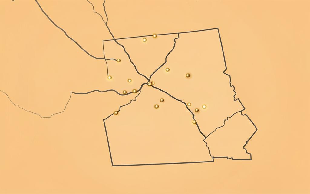 A map of Grey and Bruce counties with glowing markers over towns and a route from the city
