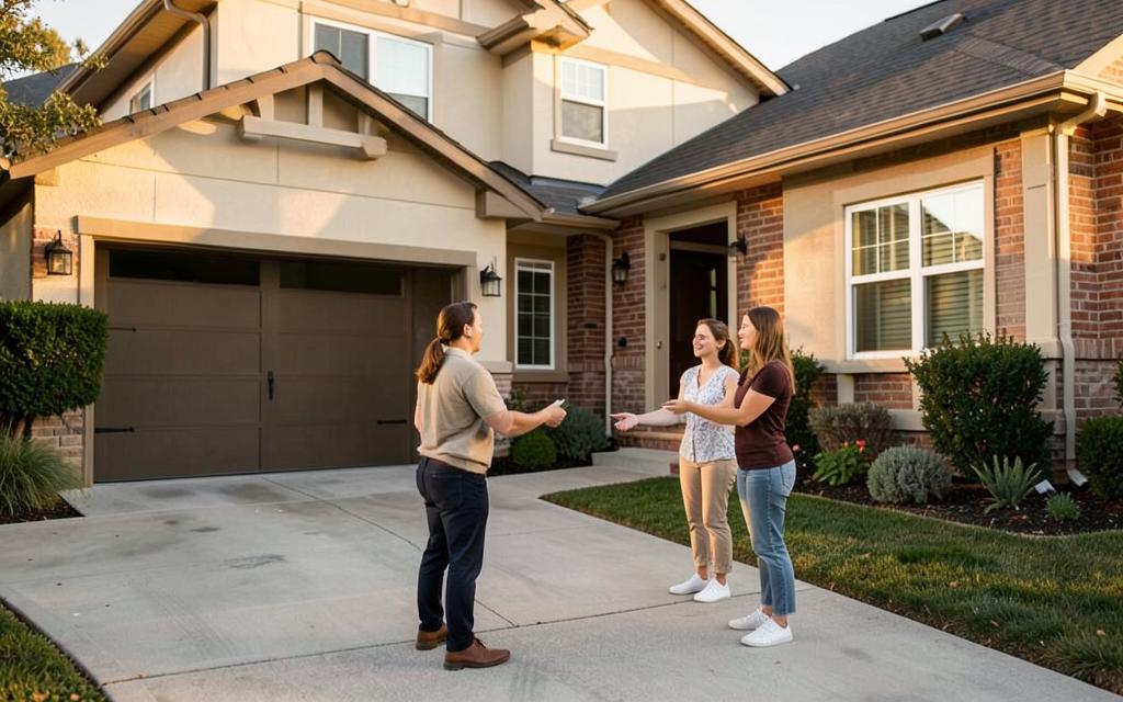 A REALTOR® showing a newly built home to a young couple in the driveway