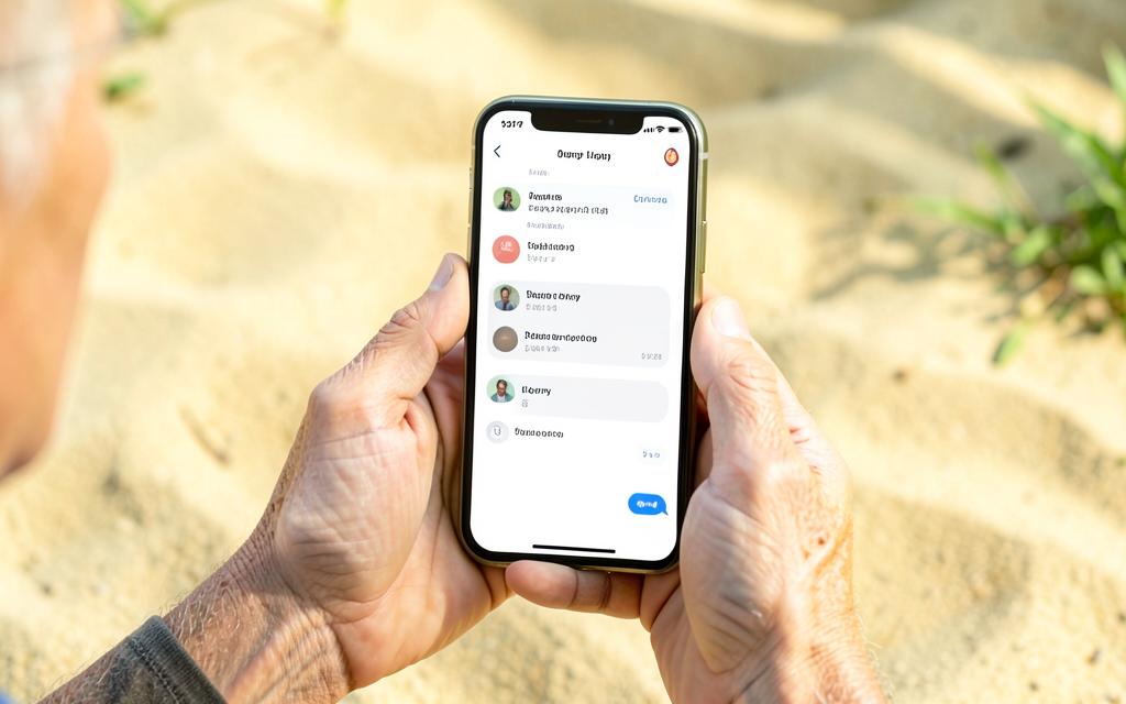 Hands holding a phone showing a chat assistant conversation