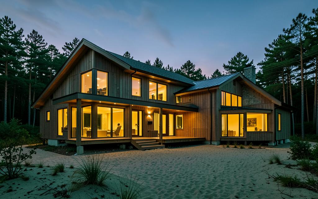 A newly built home photographed at twilight with warm glowing windows